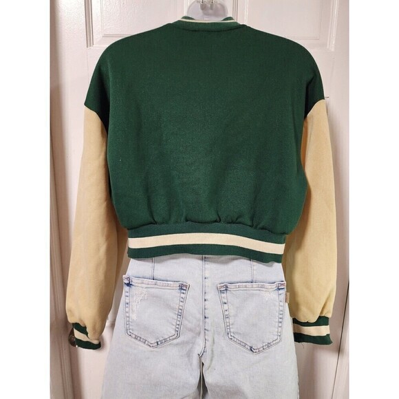 Shein Colorblock Drop Shoulder Crop Varsity Jacket Dark Green - Picture 4 of 9